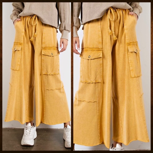 easel Pants & Jumpsuits Easel Feeling Good Cargo Mineral Washed Raw Seams Extra Wide Leg